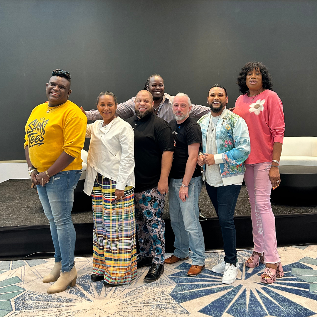 some of the ILGA-NAC board members and regional program manager posing together. from left to right - Renae Green, Sharon Mottley, Dane Lewis, Kenita Placide, Rob Boulet, Mohammed Q. Amin, Ceyenne Doroshow